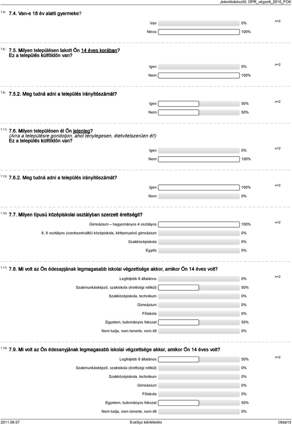 Igen Nem 0 7.) 7.6.. Meg tudná adni a település irányítószámát? Igen 0 Nem 7.6) 7.7. Milyen típusú középiskolai osztályban szerzett érettségit?