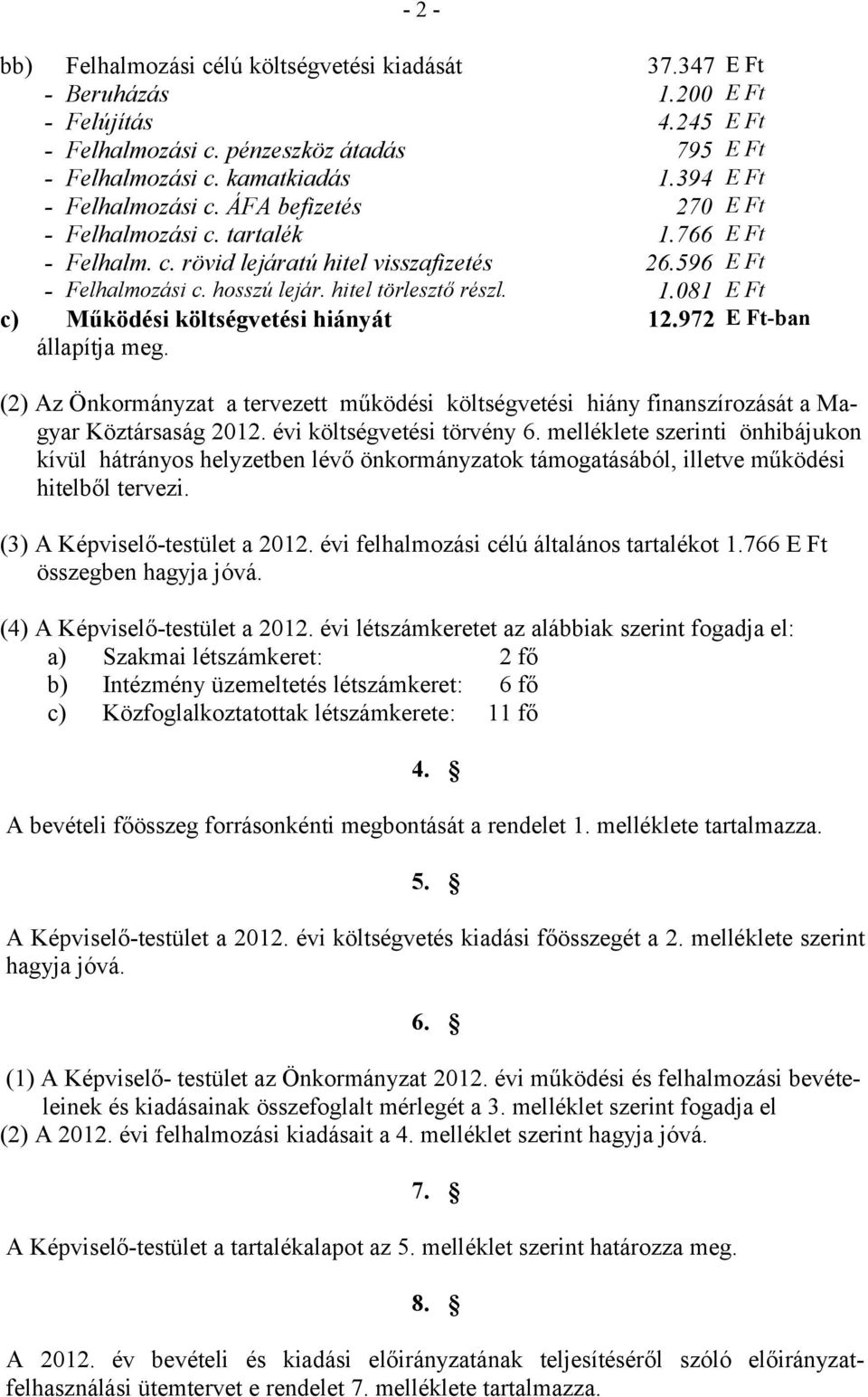 hitel törlesztő részl. 1.081 E Ft c) Működési költségvetési hiányát 12.972 E Ft-ban állapítja meg.