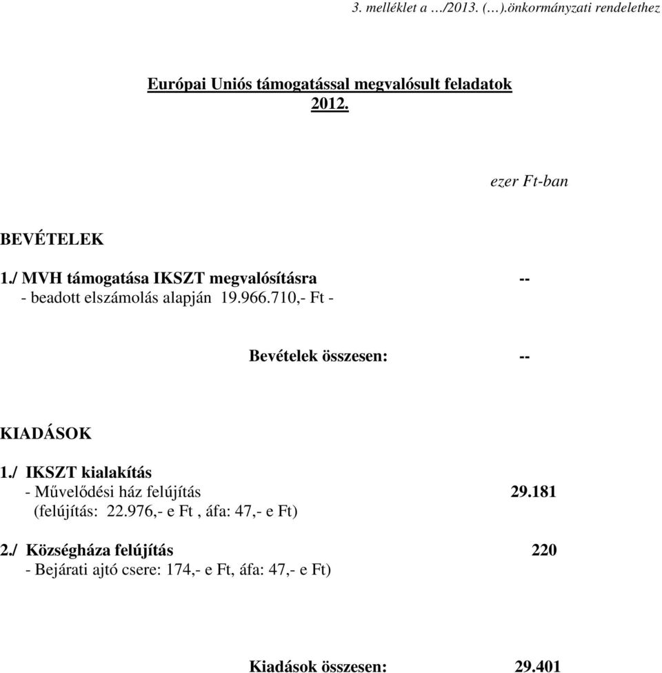 710,- Ft - Bevételek összesen: -- KIADÁSOK 1./ IKSZT kialakítás - Művelődési ház felújítás 29.181 (felújítás: 22.