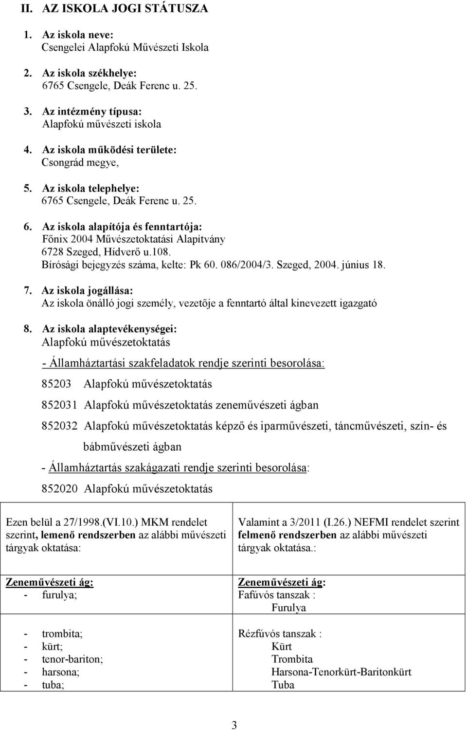 108. Bírósági bejegyzés száma, kelte: Pk 60. 086/2004/3. Szeged, 2004. június 18. 7. Az iskola jogállása: Az iskola önálló jogi személy, vezetője a fenntartó által kinevezett igazgató 8.