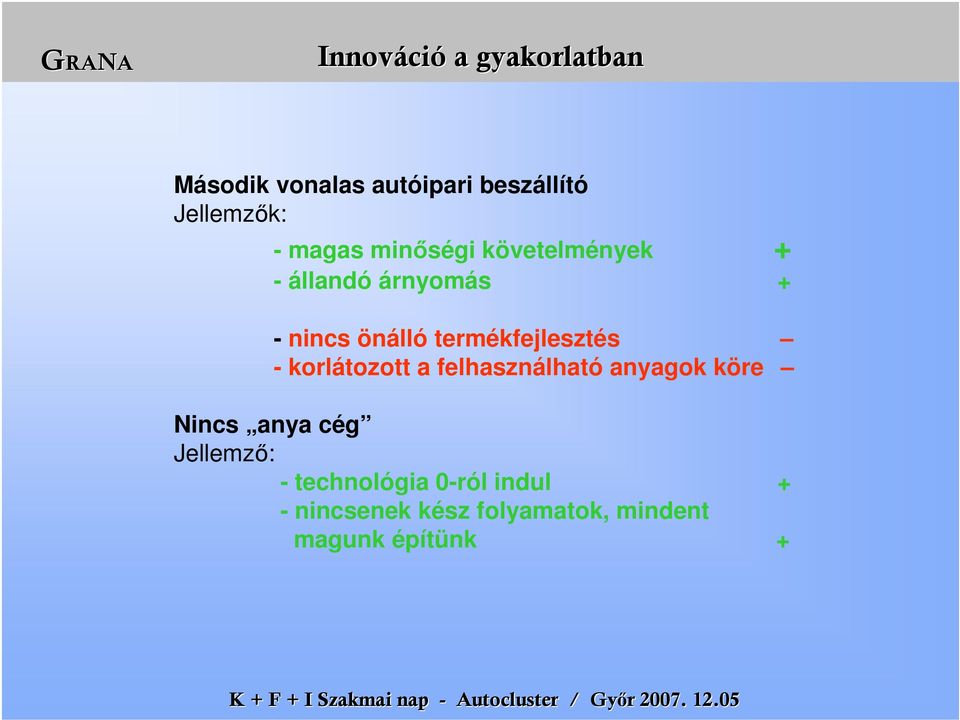 termékfejlesztés - korlátozott a felhasználható anyagok köre Nincs anya cég