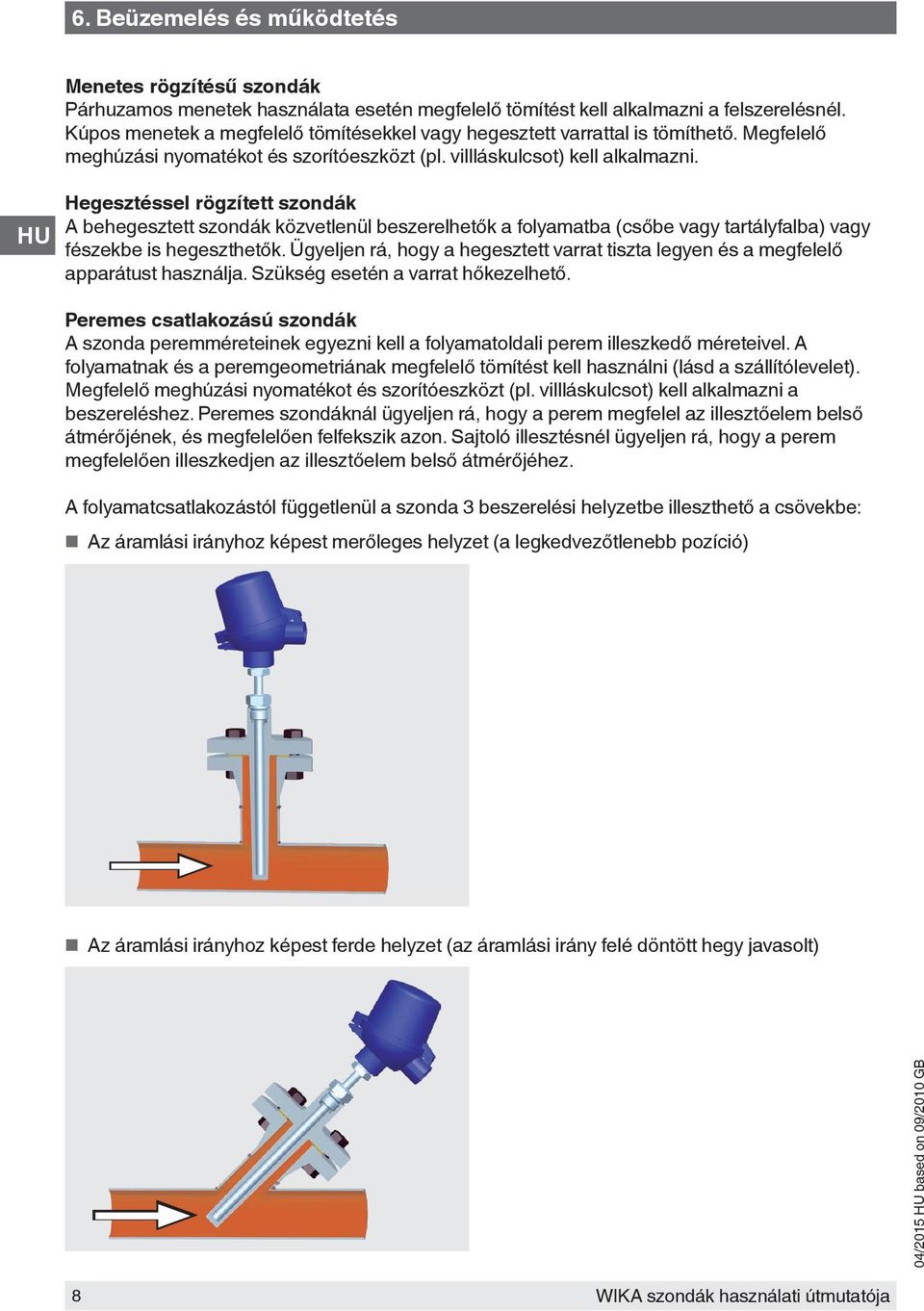 Hegesztéssel rögzített szondák A behegesztett szondák közvetlenül beszerelhetők a folyamatba (csőbe vagy tartályfalba) vagy fészekbe is hegeszthetők.