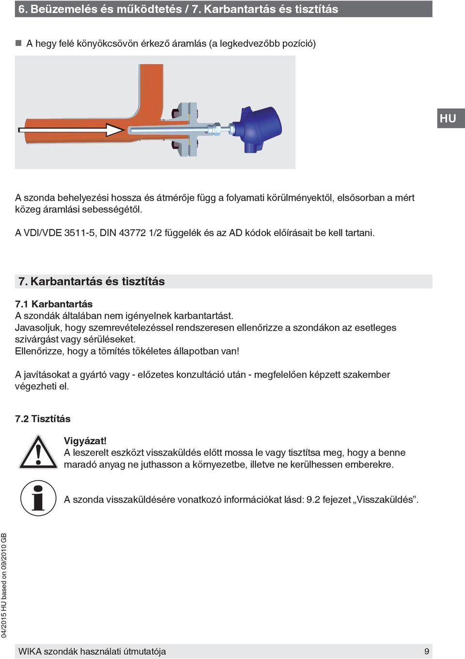 sebességétől. A VDI/VDE 3511-5, DIN 43772 1/2 függelék és az AD kódok előírásait be kell tartani. 7. Karbantartás és tisztítás 7.1 Karbantartás A szondák általában nem igényelnek karbantartást.
