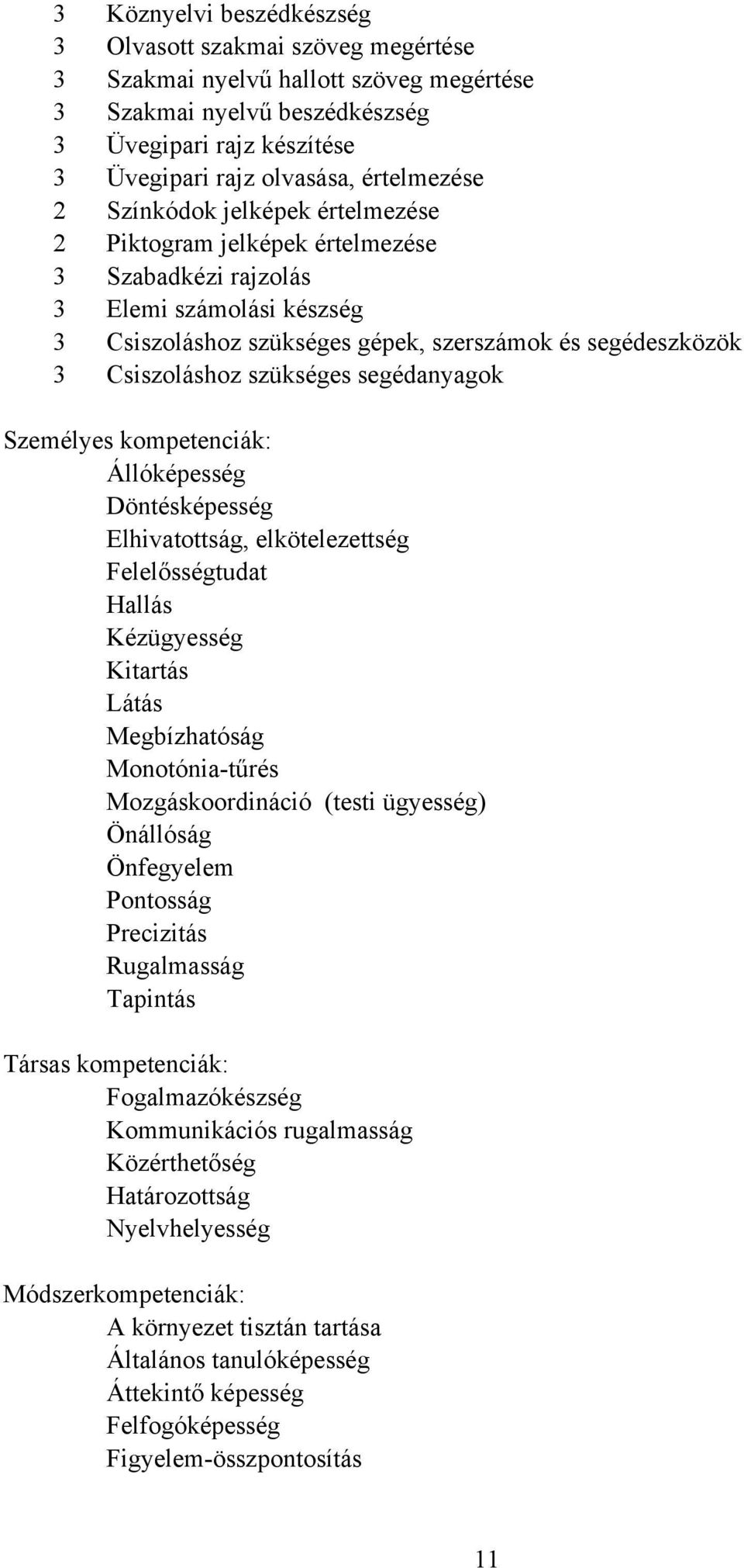 szükséges segédanyagok Személyes kompetenciák: Állóképesség öntésképesség lhivatottság, elkötelezettség Felelősségtudat Hallás Kézügyesség Kitartás Látás Megbízhatóság Monotónia-tűrés
