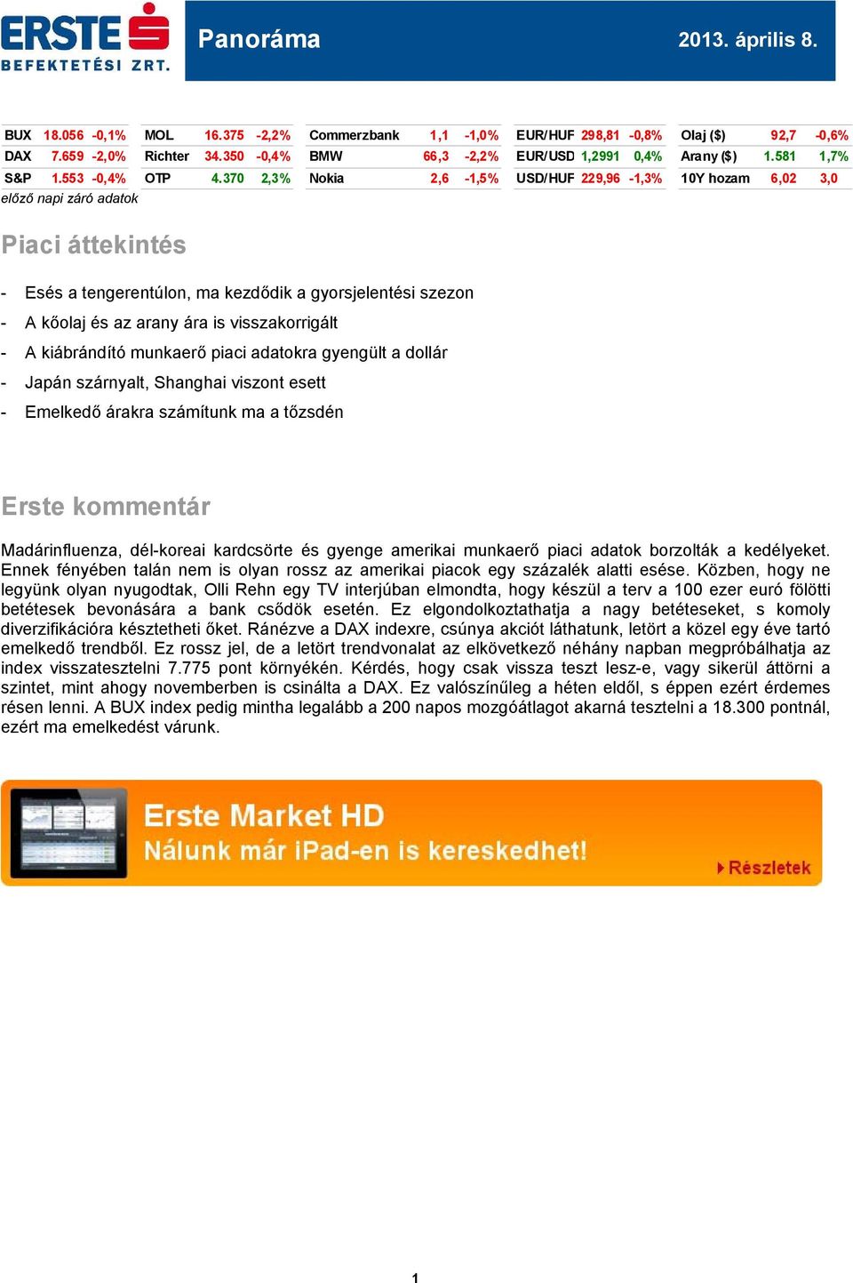 370 2,3% Nokia 2,6-1,5% USD/HUF 229,96-1,3% 10Y hozam 6,02 3,0 előző napi záró adatok Piaci áttekintés - Esés a tengerentúlon, ma kezdődik a gyorsjelentési szezon - A kőolaj és az arany ára is