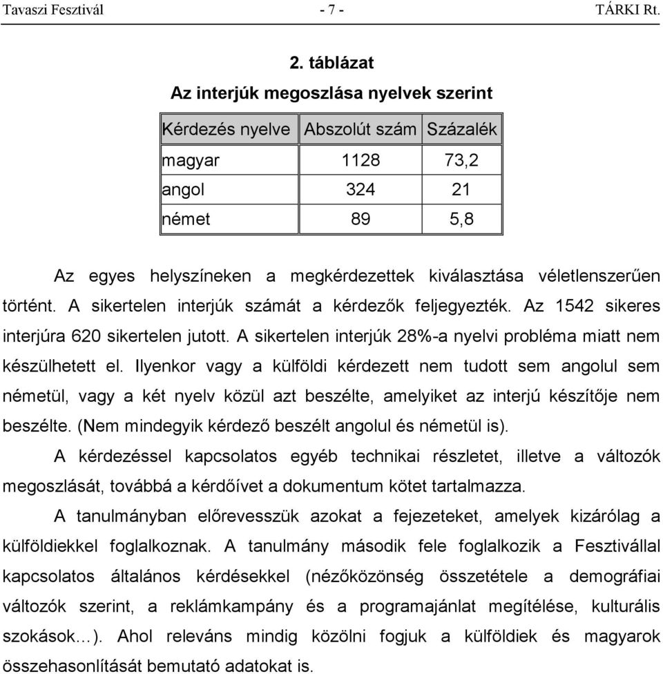 történt. A sikertelen interjúk számát a kérdezők feljegyezték. Az 1542 sikeres interjúra 620 sikertelen jutott. A sikertelen interjúk 28%-a nyelvi probléma miatt nem készülhetett el.