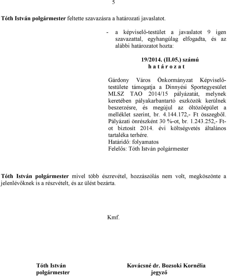 kerülnek beszerzésre, és megújul az öltözıépület a melléklet szerint, br. 4.144.172,- Ft összegbıl. Pályázati önrészként 30 %-ot, br. 1.243.252,- Ftot biztosít 2014.