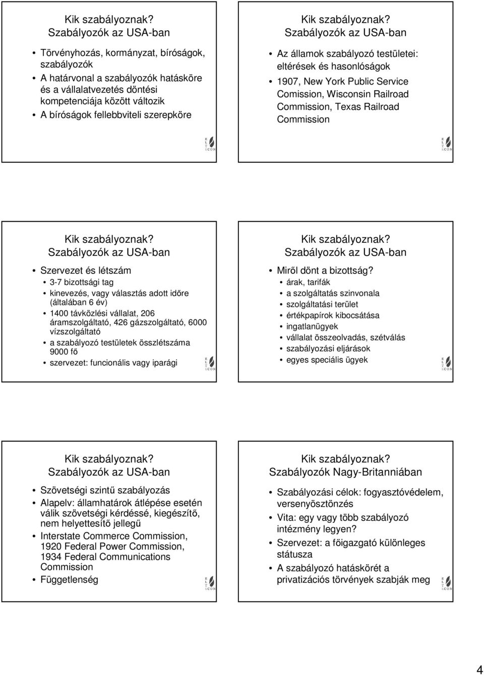 vagy választás adott időre (általában 6 év) 1400 távközlési vállalat, 206 áramszolgáltató, 426 gázszolgáltató, 6000 vízszolgáltató a szabályozó testületek összlétszáma 9000 fő szervezet: funcionális