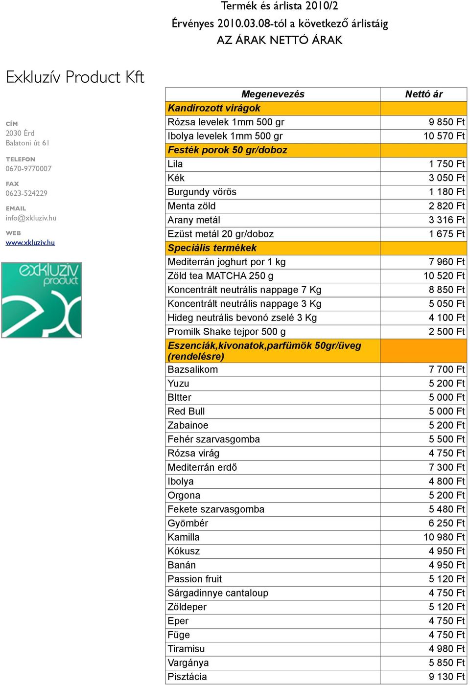 Termék és árlista 2010/2 Érvényes tól a következő árlistáig AZ ÁRAK NETTÓ  ÁRAK - PDF Free Download