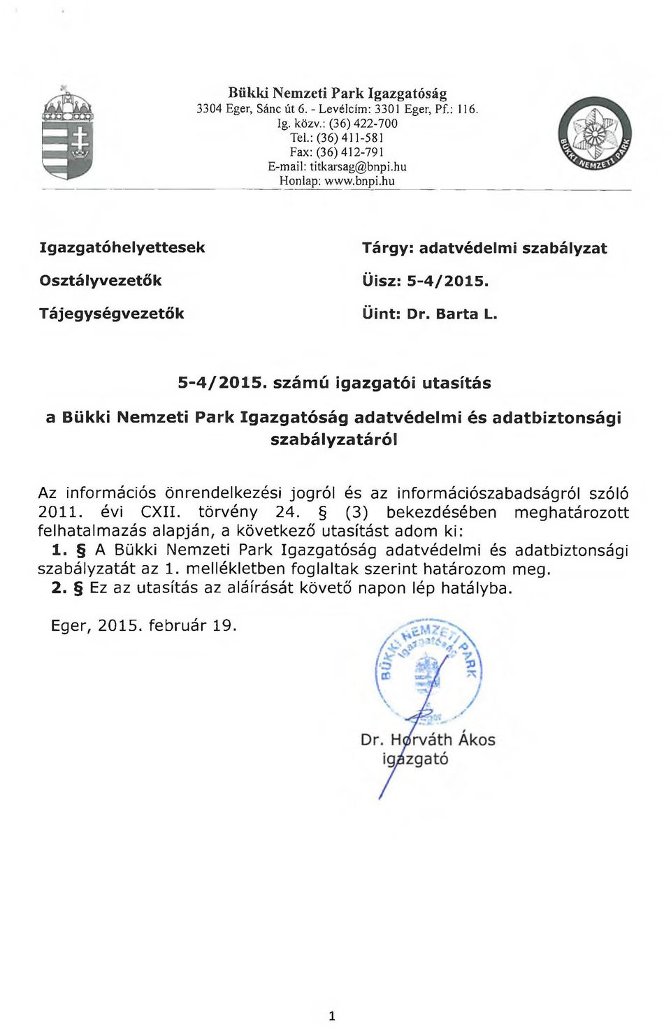 Üint: Dr. Barta L. 5-4/2015.