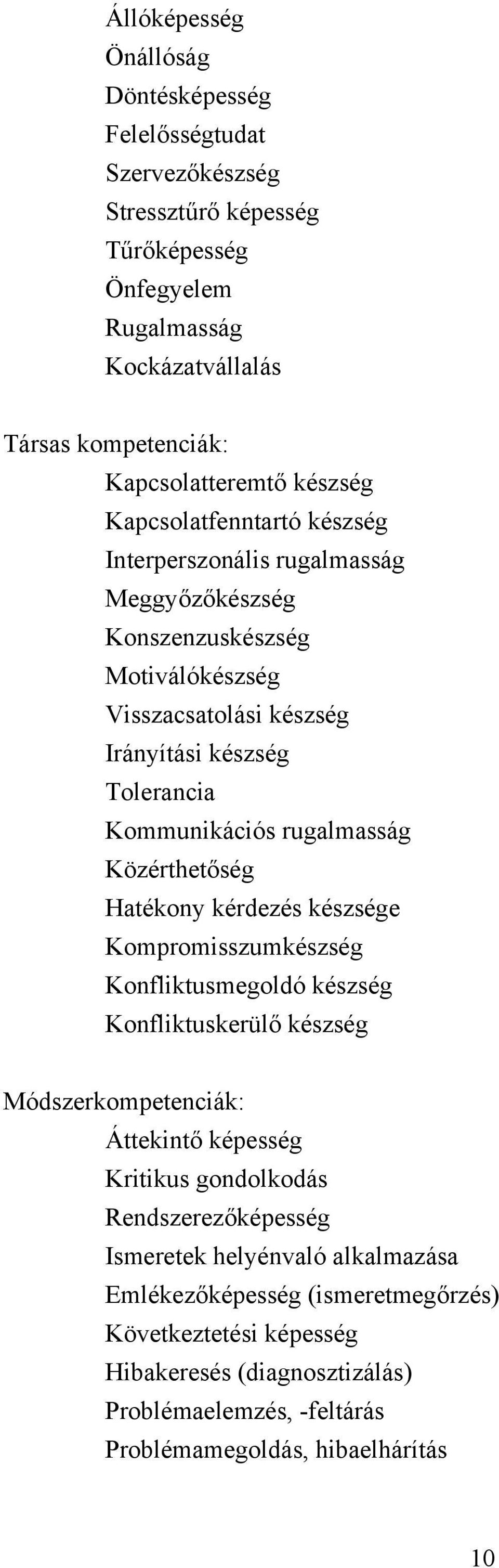 rugalmasság Közérthetőség Hatékony kérdezés készsége Kompromisszumkészség Konfliktusmegoldó készség Konfliktuskerülő készség Módszerkompetenciák: Áttekintő képesség Kritikus gondolkodás