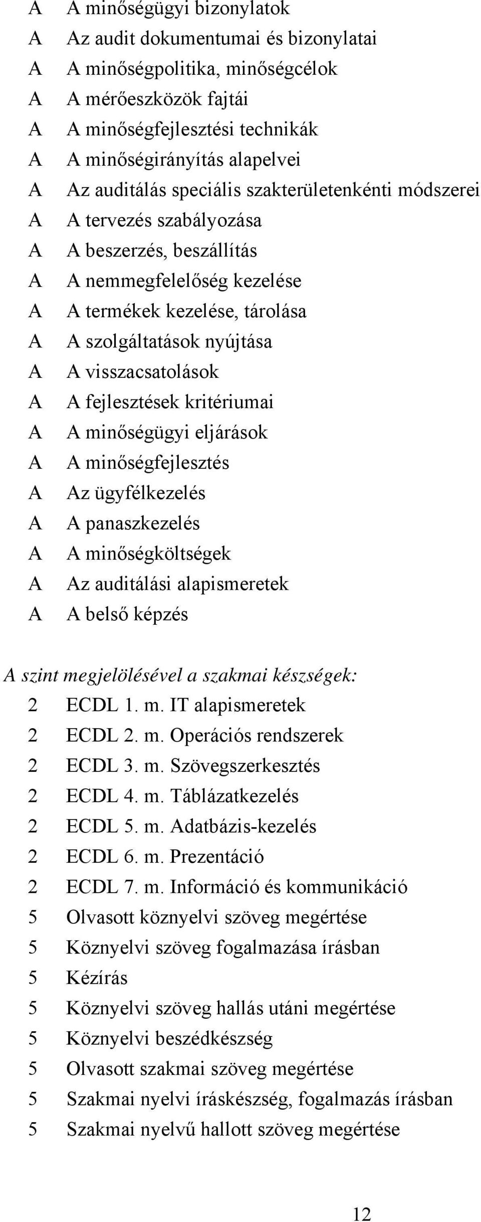 minőségügyi eljárások minőségfejlesztés z ügyfélkezelés panaszkezelés minőségköltségek z auditálási alapismeretek belső képzés szint megjelölésével a szakmai készségek: 2 ECDL 1. m. IT alapismeretek 2 ECDL 2.