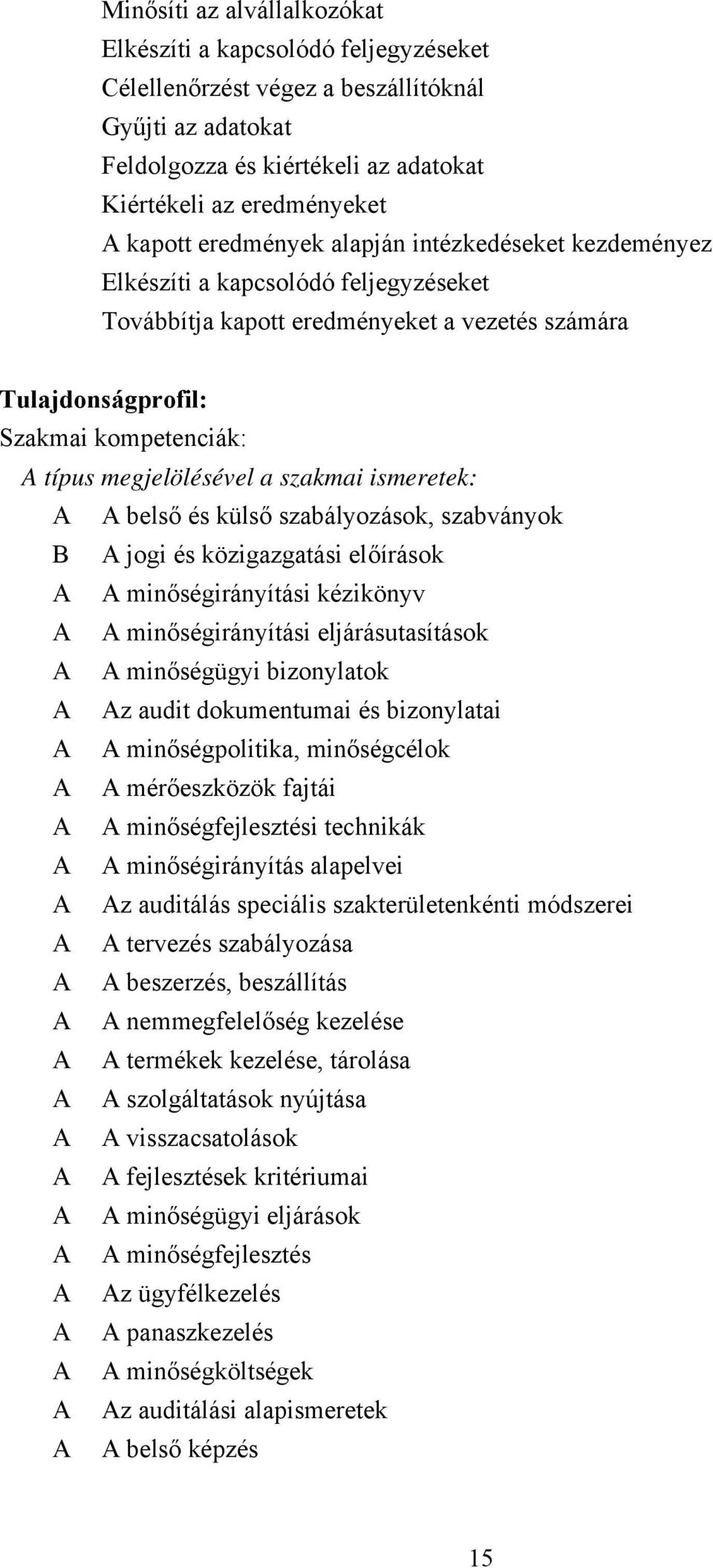 szakmai ismeretek: belső és külső szabályozások, szabványok B jogi és közigazgatási előírások minőségirányítási kézikönyv minőségirányítási eljárásutasítások minőségügyi bizonylatok z audit