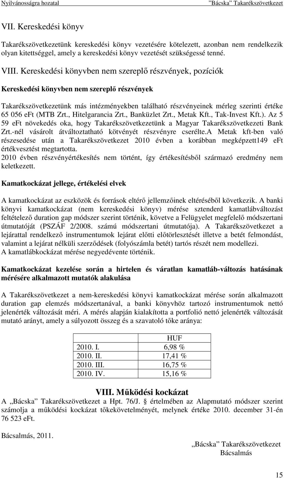 (MTB Zrt., Hitelgarancia Zrt., Banküzlet Zrt., Metak Kft., Tak-Invest Kft.). Az 5 59 eft növekedés oka, hogy Takarékszövetkezetünk a Magyar Takarékszövetkezeti Bank Zrt.