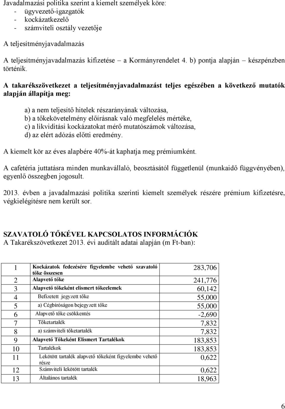 A takarékszövetkezet a teljesítményjavadalmazást teljes egészében a következő mutatók alapján állapítja meg: a) a nem teljesítő hitelek részarányának változása, b) a tőkekövetelmény előírásnak való