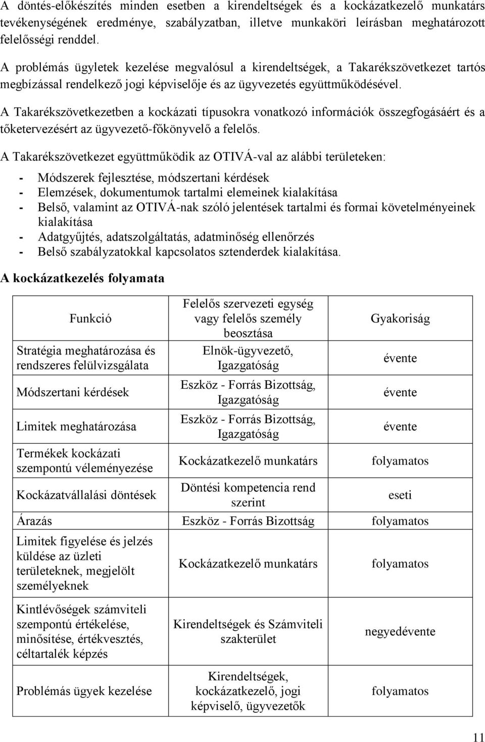 A Takarékszövetkezetben a kockázati típusokra vonatkozó információk összegfogásáért és a tőketervezésért az ügyvezető-főkönyvelő a felelős.