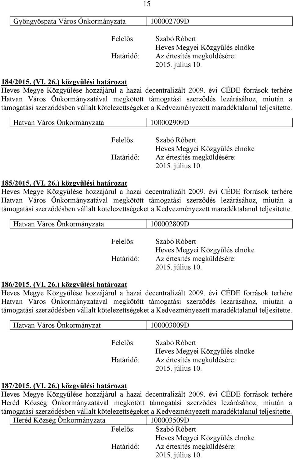 ) közgyűlési határozat Heves Megye Közgyűlése hozzájárul a hazai decentralizált 2009.