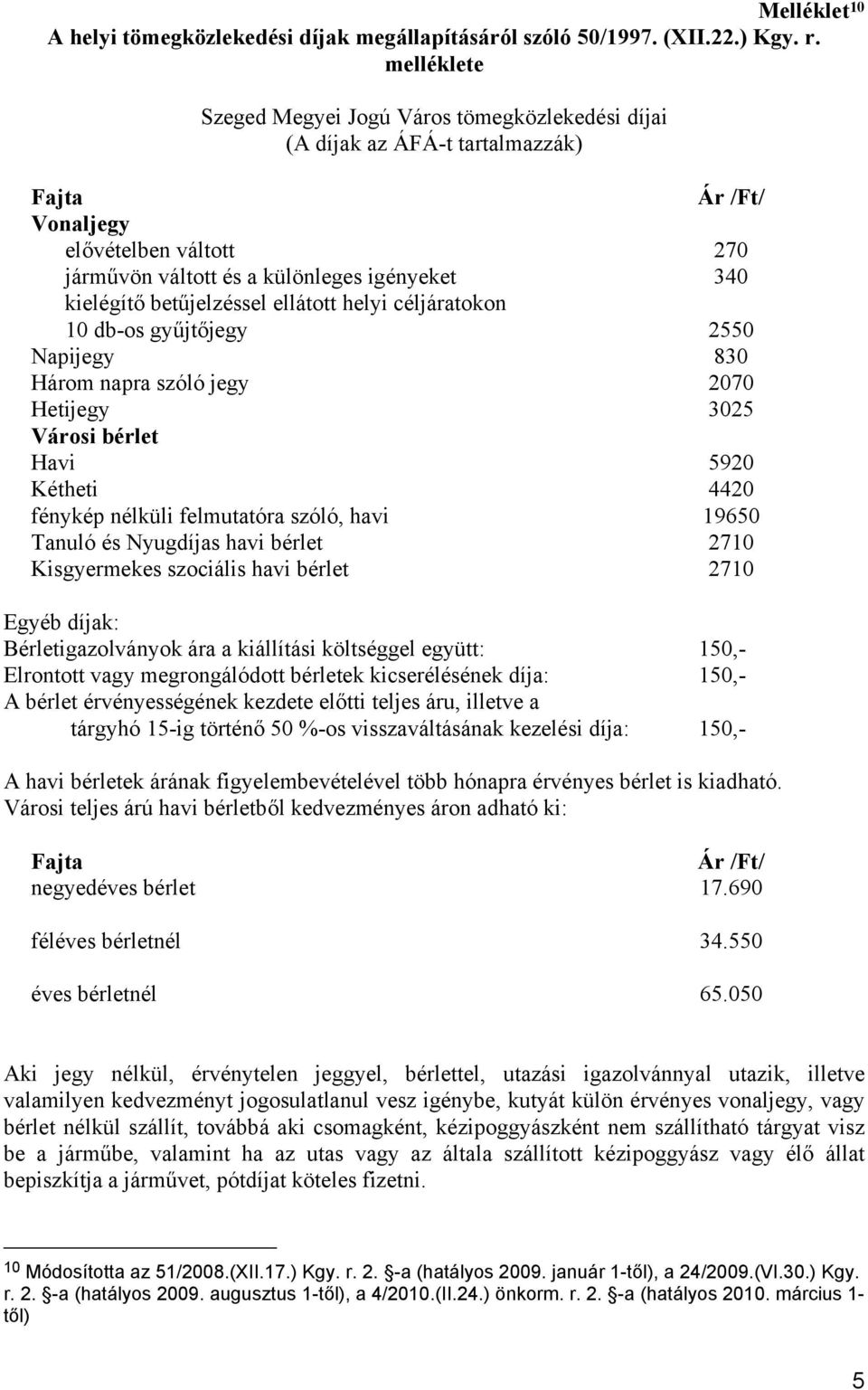 betűjelzéssel ellátott helyi céljáratokon 10 db-os gyűjtőjegy 2550 Napijegy 830 Három napra szóló jegy 2070 Hetijegy 3025 Városi bérlet Havi 5920 Kétheti 4420 fénykép nélküli felmutatóra szóló, havi