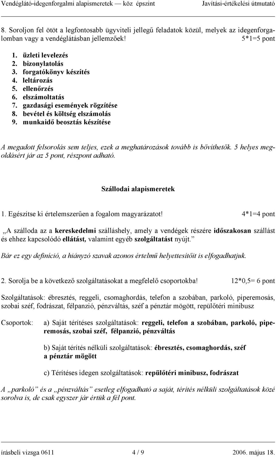 munkaidő beosztás készítése A megadott felsorolás sem teljes, ezek a meghatározások tovább is bővíthetők. 5 helyes megoldásért jár az 5 pont, részpont adható. Szállodai alapismeretek 1.