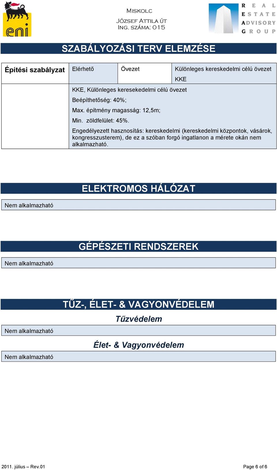 Engedélyezett hasznosítás: kereskedelmi (kereskedelmi központok, vásárok, kongresszusterem), de ez a szóban forgó ingatlanon a