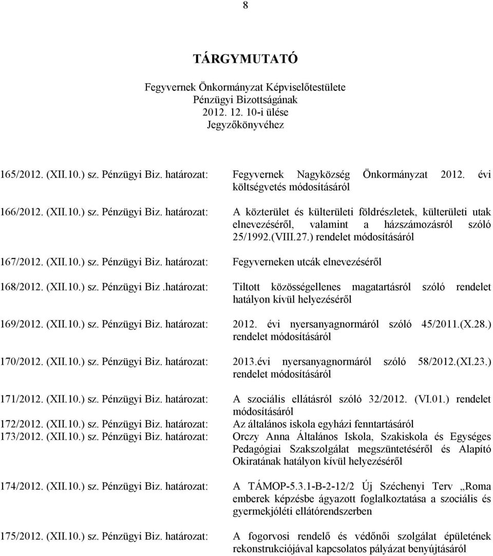 ) rendelet módosításáról 167/2012. (XII.10.) sz. Pénzügyi Biz. Fegyverneken utcák elnevezéséről 168/2012. (XII.10.) sz. Pénzügyi Biz. Tiltott közösségellenes magatartásról szóló rendelet hatályon kívül helyezéséről 169/2012.