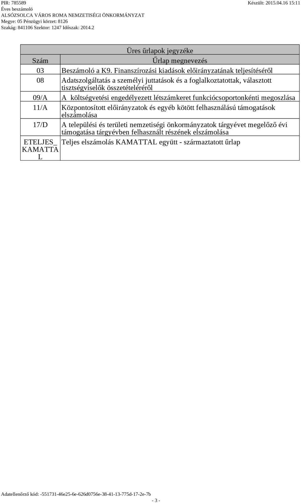 összetételéréről 09/A A költségvetési engedélyezett létszámkeret funkciócsoportonkénti megoszlása 11/A Központosított előirányzatok és egyéb kötött