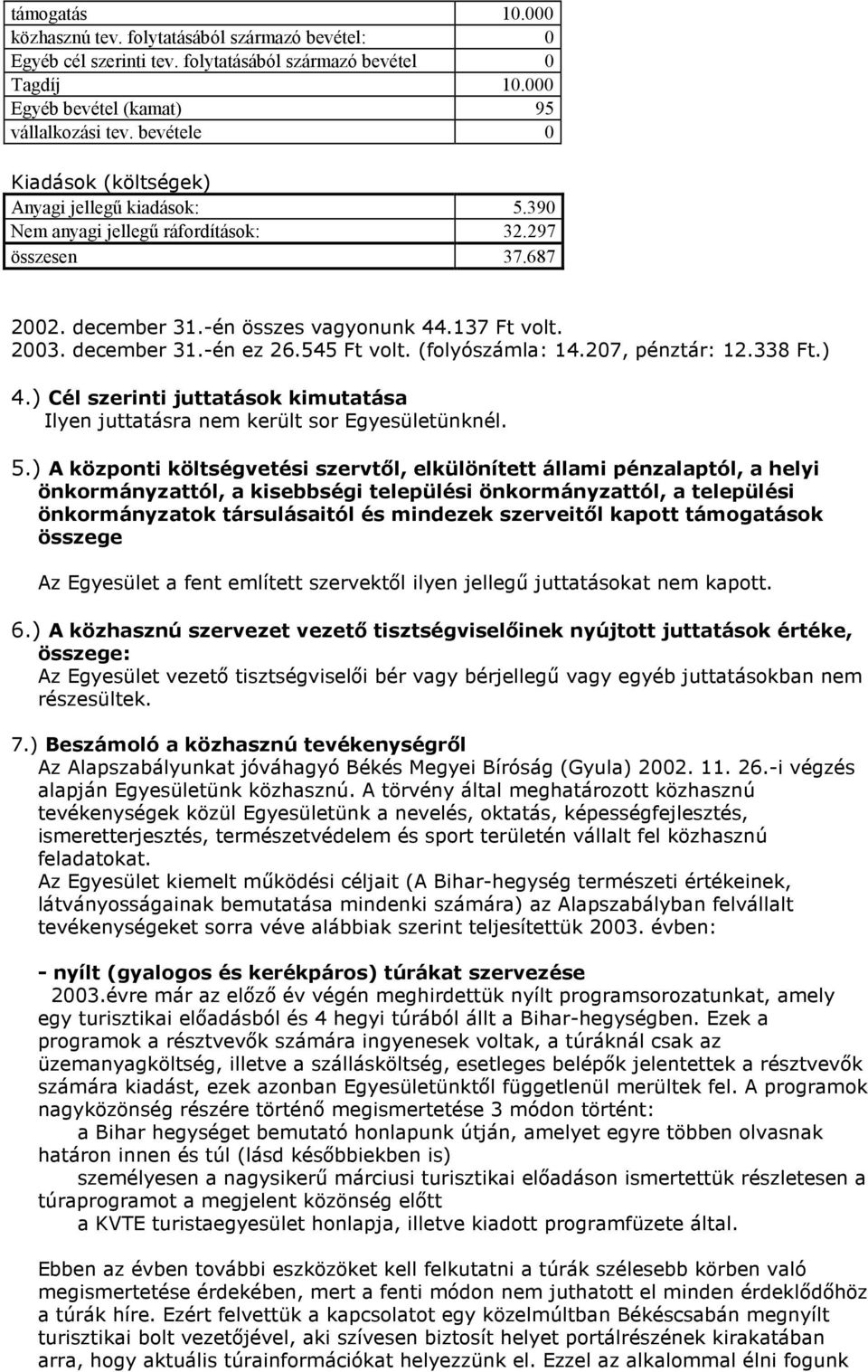 545 Ft volt. (folyószámla: 14.207, pénztár: 12.338 Ft.) 4.) Cél szerinti juttatások kimutatása Ilyen juttatásra nem került sor Egyesületünknél. 5.