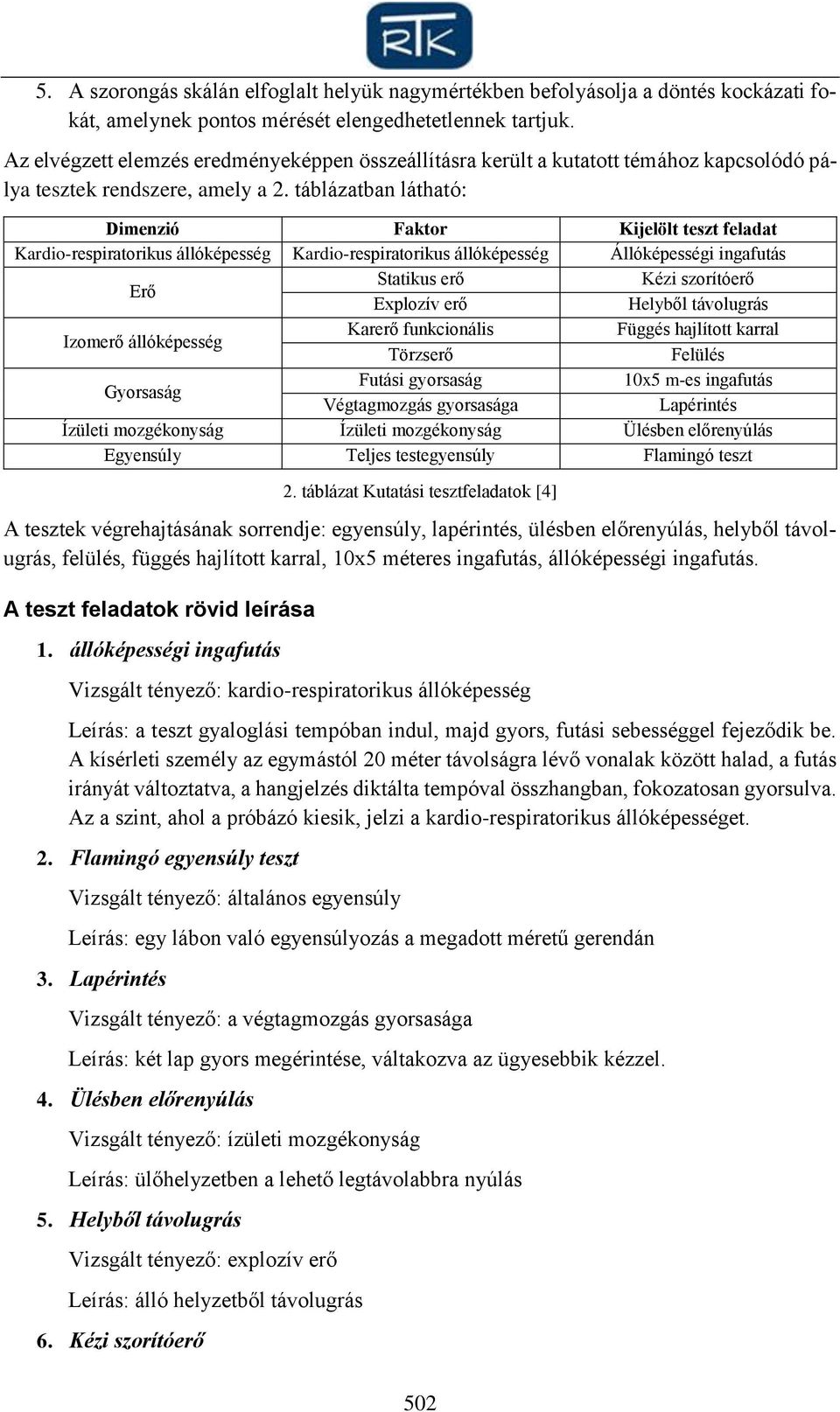 táblázatban látható: Dimenzió Faktor Kijelölt teszt feladat Kardio-respiratorikus állóképesség Kardio-respiratorikus állóképesség Állóképességi ingafutás Erő Statikus erő Kézi szorítóerő Explozív erő