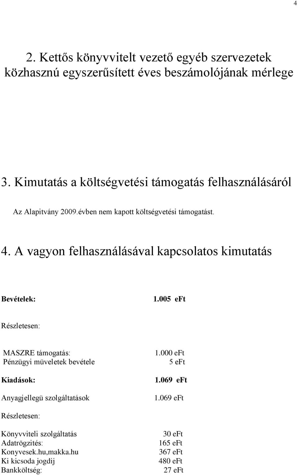 A vagyon felhasználásával kapcsolatos kimutatás Bevételek: 1.