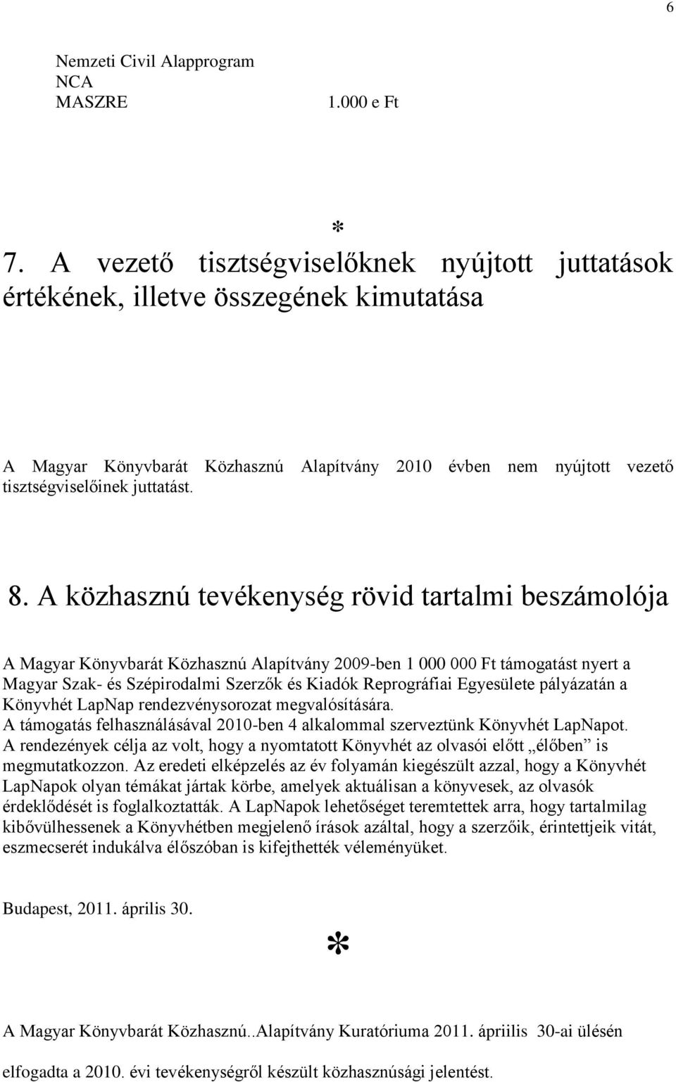 A közhasznú tevékenység rövid tartalmi beszámolója A Magyar Könyvbarát Közhasznú Alapítvány 2009-ben 1 000 000 Ft támogatást nyert a Magyar Szak- és Szépirodalmi Szerzők és Kiadók Reprográfiai