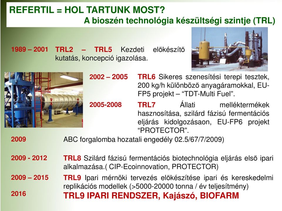 2005-2008 TRL7 Állati melléktermékek hasznosítása, szilárd fázisú fermentációs eljárás kidolgozásaon, EU-FP6 projekt PROTECTOR. 2009 ABC forgalomba hozatali engedély 02.