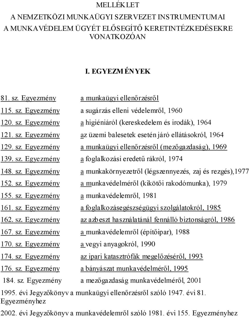 sz. Egyezmény a foglalkozási eredetű rákról, 1974 148. sz. Egyezmény a munkakörnyezetről (légszennyezés, zaj és rezgés),1977 152. sz. Egyezmény a munkavédelméről (kikötői rakodómunka), 1979 155. sz. Egyezmény a munkavédelemről, 1981 161.