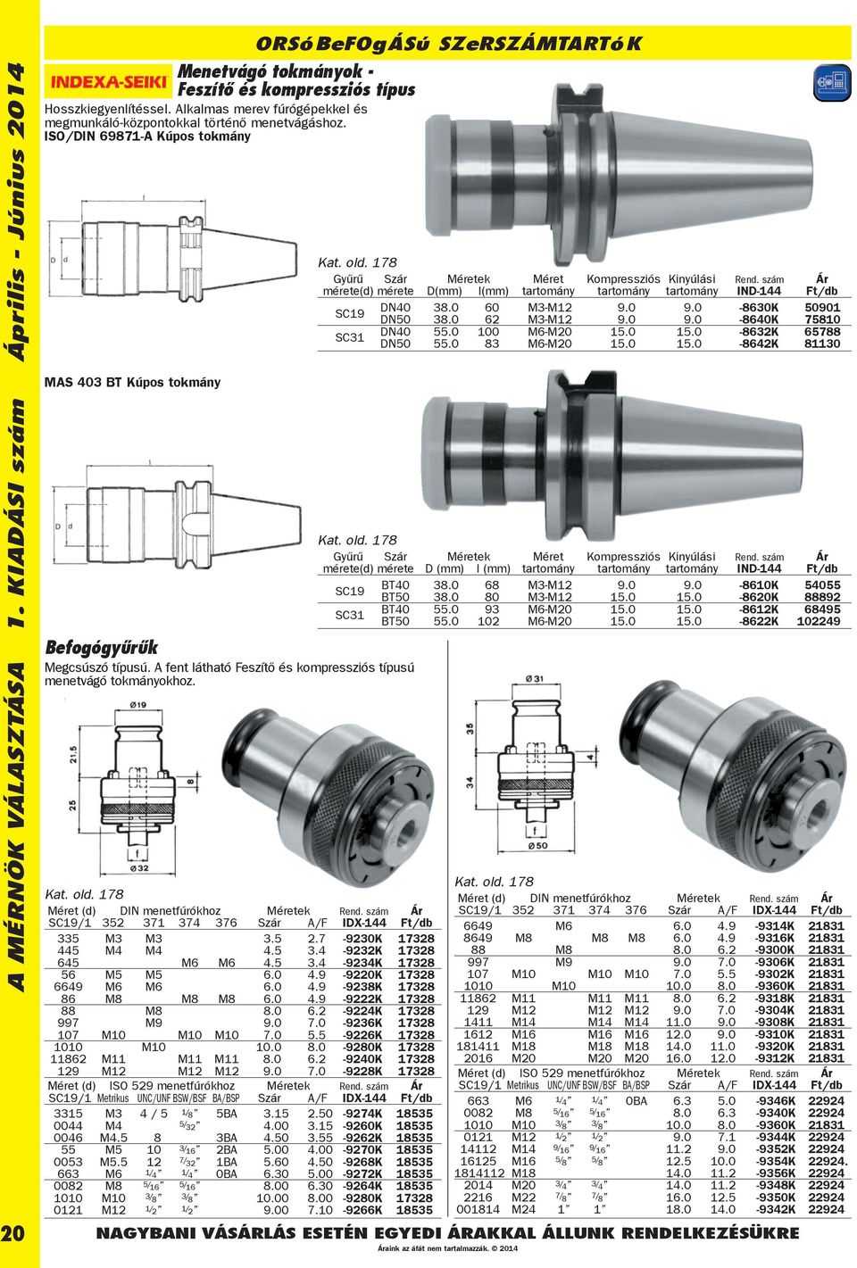 A fent látható Feszítő és kompressziós típusú menetvágó tokmányokhoz. Kat. old. 178 Méret (d) DIN menetfúrókhoz Méretek SC19/1 352 371 374 376 Szár A/F IDX-144 335 M3 M3 3.5 2.