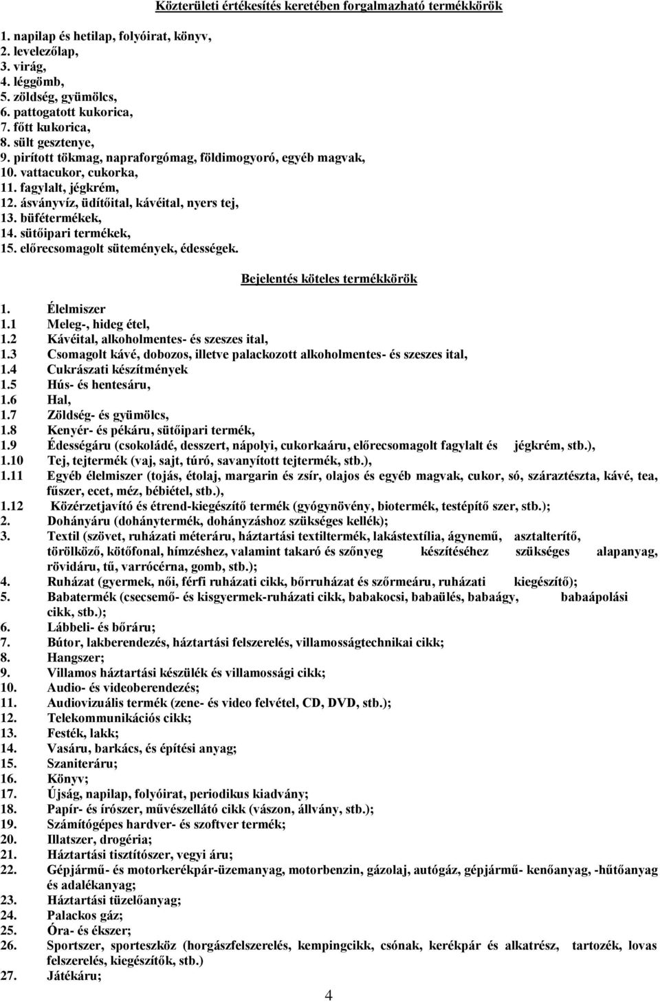 büfétermékek, 14. sütőipari termékek, 15. előrecsomagolt sütemények, édességek. Bejelentés köteles termékkörök 1. Élelmiszer 1.1 Meleg-, hideg étel, 1.2 Kávéital, alkoholmentes- és szeszes ital, 1.