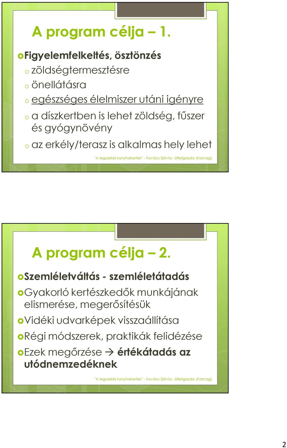 díszkertben is lehet zöldség, fűszer és gyógynövény o az erkély/terasz is alkalmas hely lehet A program célja 2.