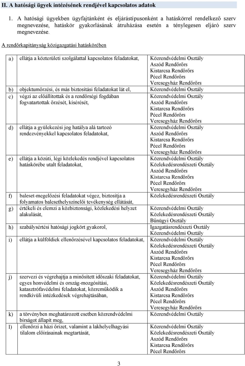 A rendőrkapitányság közigazgatási hatáskörében a) ellátja a közterületi szolgálattal kapcsolatos feladatokat, b) objektumőrzési, és más biztosítási feladatokat lát el, c) végzi az előállítottak és a