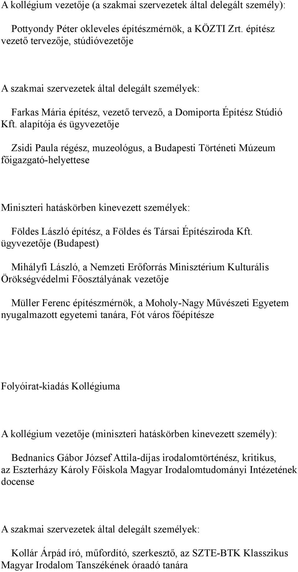 alapítója és ügyvezetője Zsidi Paula régész, muzeológus, a Budapesti Történeti Múzeum főigazgató-helyettese Földes László építész, a Földes és Társai Építésziroda Kft.