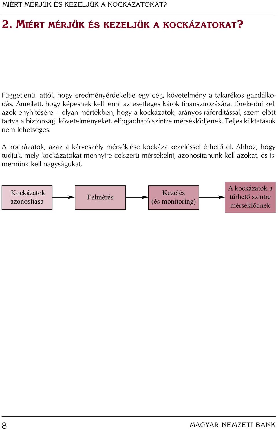 követelményeket, elfogadható szintre mérséklôdjenek. Teljes kiiktatásuk nem lehetséges. A kockázatok, azaz a kárveszély mérséklése kockázatkezeléssel érhetô el.