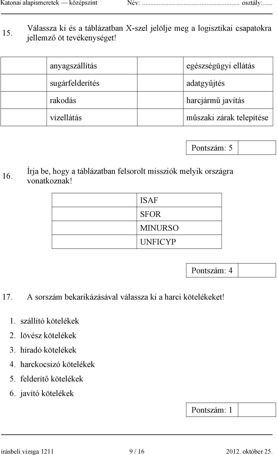 Írja be, hogy a táblázatban felsorolt missziók melyik országra vonatkoznak! ISAF SFOR MINURSO UNFICYP Pontszám: 4 17.