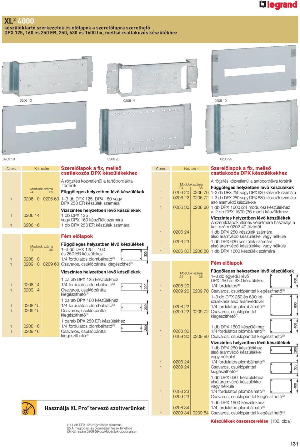 szám Szerelôlapok a fix, mellsô csatlakozós DPX készülékekhez A rögzítés közvetlenül a tartóbordákra történik Modulok száma 24 36 Függôleges helyzetben lévô készülékek 1 0206 10 0206 60 1 3 db DPX