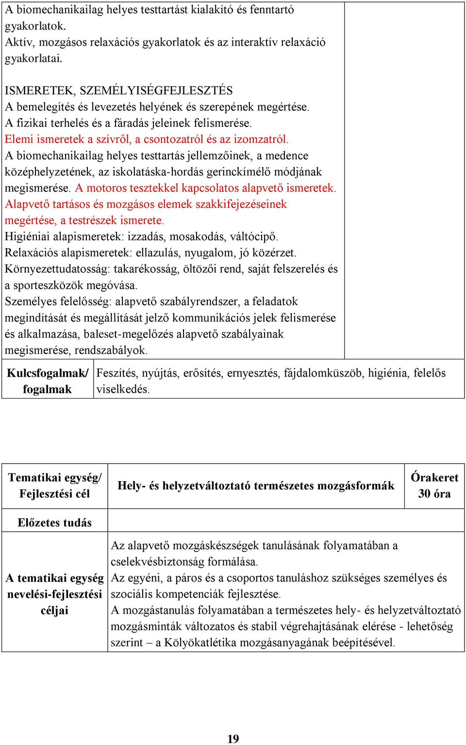 A biomechanikailag helyes testtartás jellemzőinek, a medence középhelyzetének, az iskolatáska-hordás gerinckímélő módjának megismerése. A motoros tesztekkel kapcsolatos alapvető ismeretek.