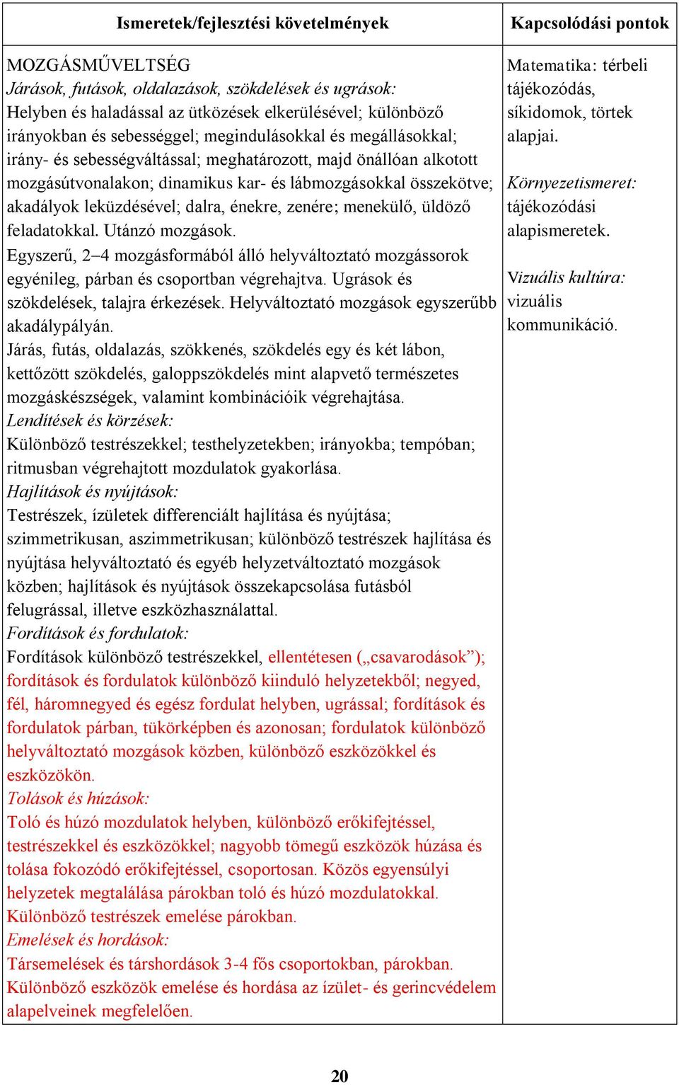 menekülő, üldöző feladatokkal. Utánzó mozgások. Egyszerű, 2 4 mozgásformából álló helyváltoztató mozgássorok egyénileg, párban és csoportban végrehajtva. Ugrások és szökdelések, talajra érkezések.