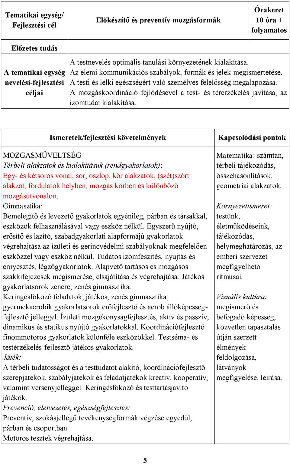 A mozgáskoordináció fejlődésével a test- és térérzékelés javítása, az izomtudat kialakítása.