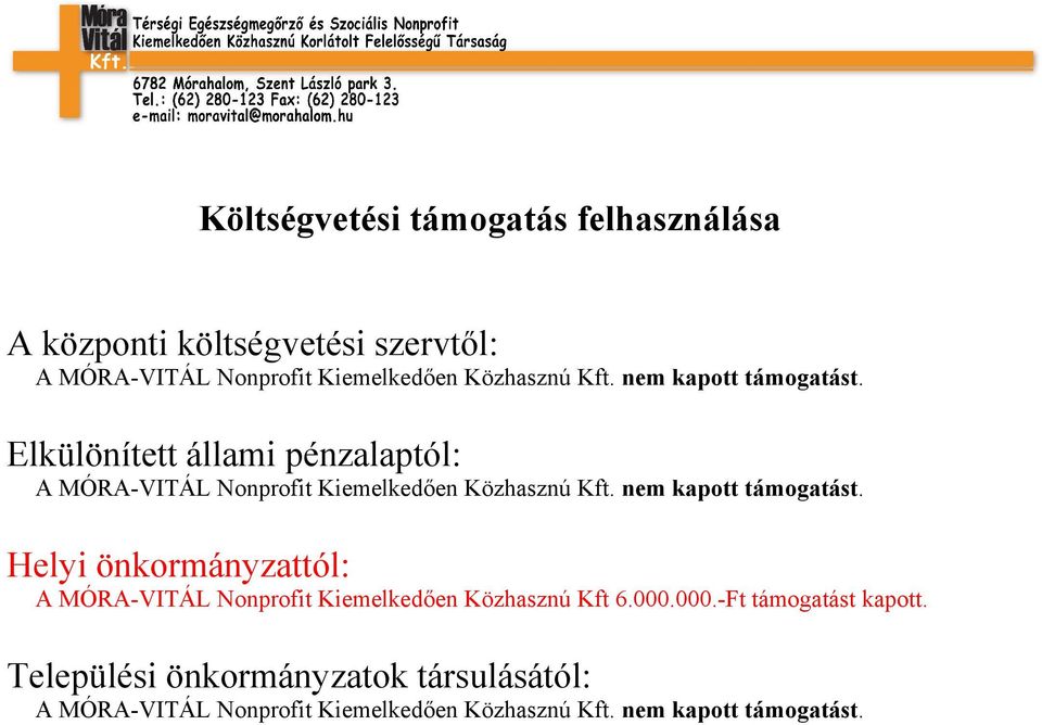 nem kapott támogatást. Helyi önkormányzattól: A MÓRA-VITÁL Nonprofit Kiemelkedően Közhasznú Kft 6.000.