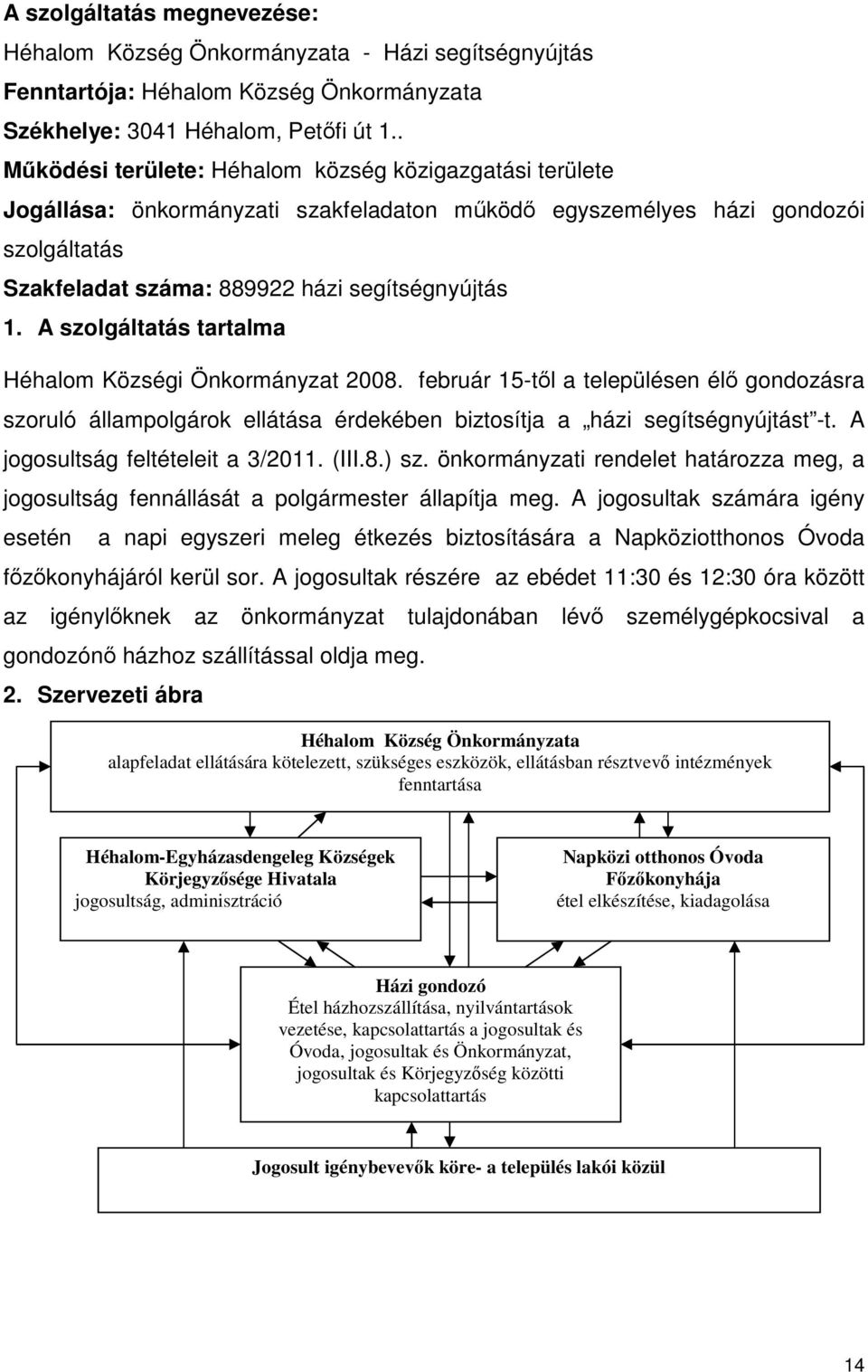 A szolgáltatás tartalma Héhalom Községi Önkormányzat 2008. február 15-től a településen élő gondozásra szoruló állampolgárok ellátása érdekében biztosítja a házi segítségnyújtást -t.