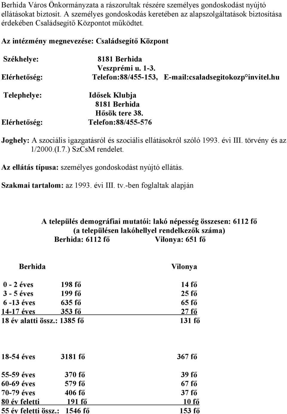 Az intézmény megnevezése: Családsegítő Központ Székhelye: Elérhetőség: Telephelye: Elérhetőség: 8181 Berhida Veszprémi u. 1-3. Telefon:88/455-153, E-mail:csaladsegitokozp invitel.