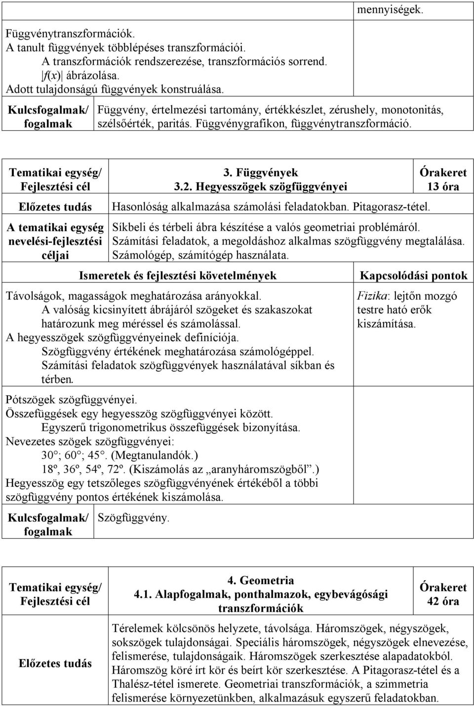Hegyesszögek szögfüggvényei Hasonlóság alkalmazása számolási feladatokban. Pitagorasz-tétel. 13 óra Síkbeli és térbeli ábra készítése a valós geometriai problémáról.