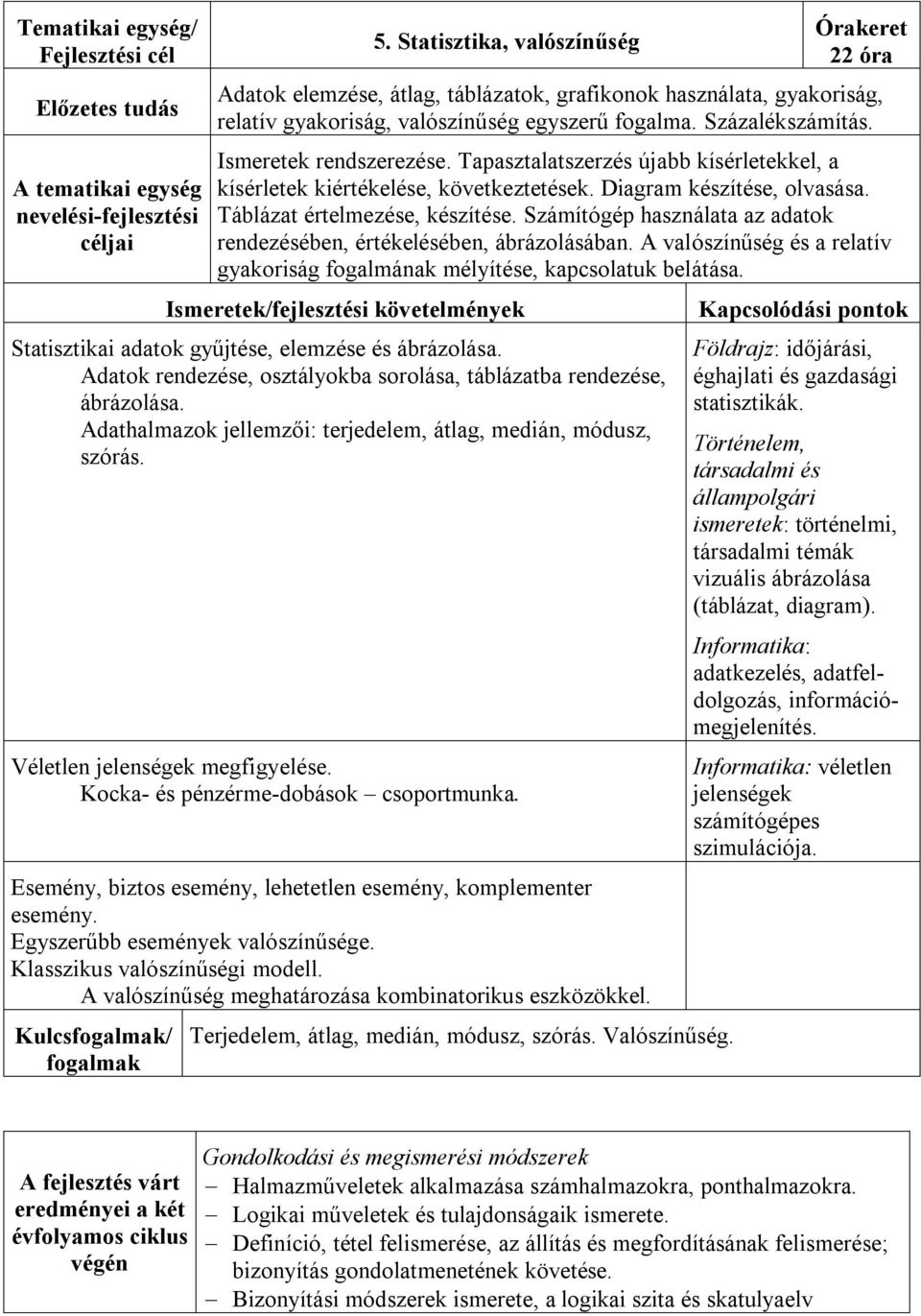 Számítógép használata az adatok rendezésében, értékelésében, ábrázolásában. A valószínűség és a relatív gyakoriság fogalmának mélyítése, kapcsolatuk belátása.