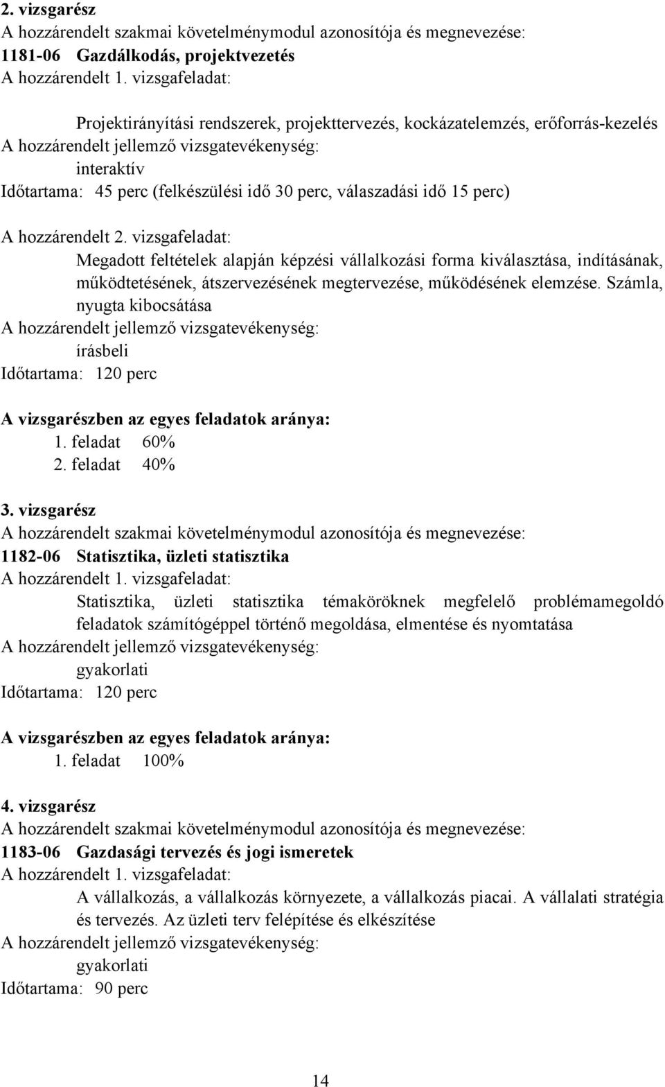 vizsgafeladat: Megadott feltételek alapján képzési vállalkozási forma kiválasztása, indításának, működtetésének, átszervezésének megtervezése, működésének elemzése.