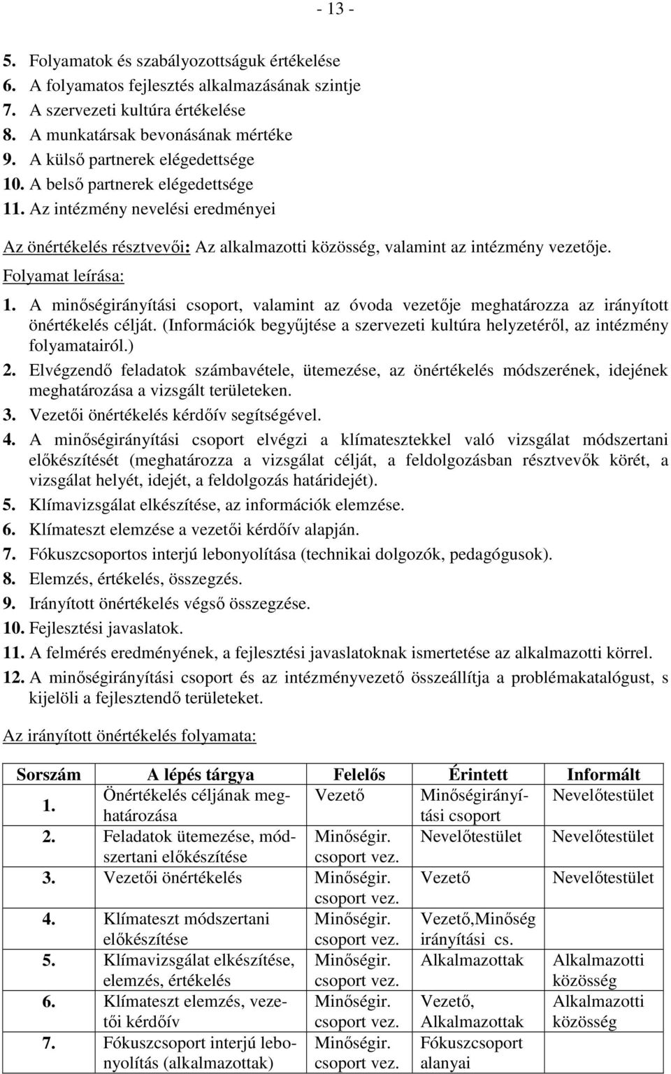 Folyamat leírása: 1. A minıségirányítási csoport, valamint az óvoda vezetıje meghatározza az irányított önértékelés célját.